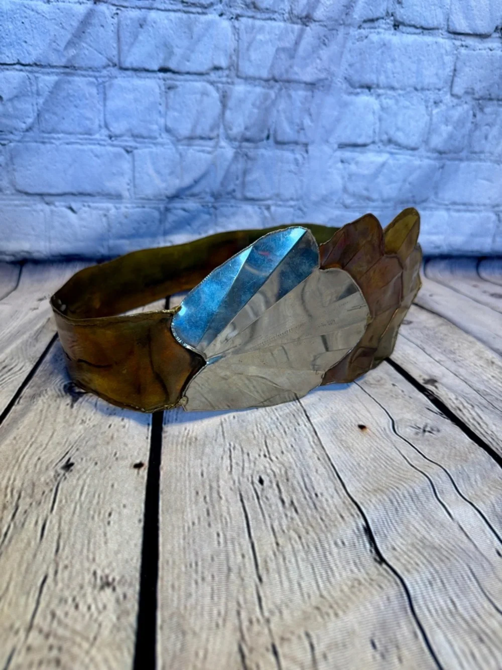Vintage 80s Artisan Mixed Metal Scalloped Leaf Wide Belt Gaudy Unique Avantgarde